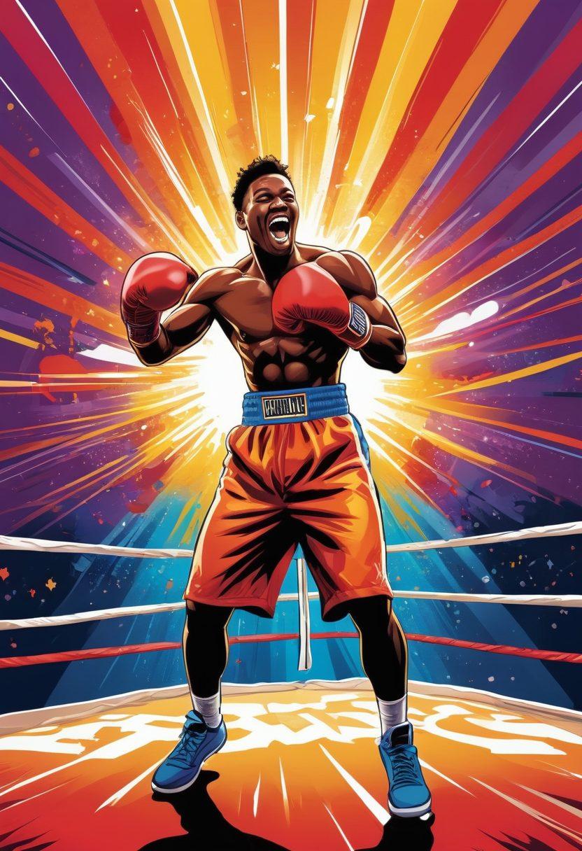 A vibrant illustration showcasing a boxing ring with a cheerful athlete wearing colorful boxing gear, surrounded by motivational posters and trophies. Include training equipment like gloves, jump ropes, and a punching bag, all infused with energy and enthusiasm. The background should feature a bright sun rays to symbolize achievement and positivity. comic book style. bold colors. dynamic composition.