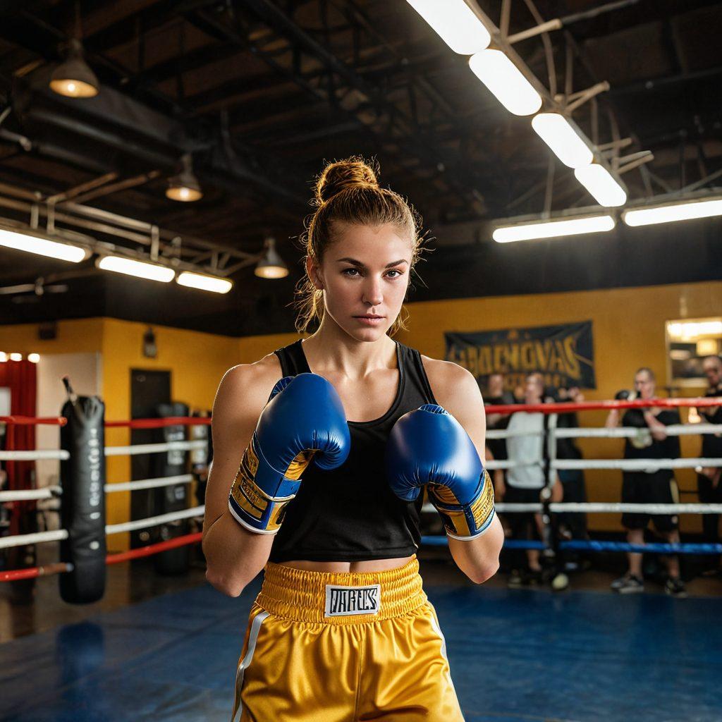 A dynamic scene showcasing an athlete joyfully engaging in boxing, wearing shiny golden boxing gloves. The background features a vibrant gym atmosphere with energetic colors and enthusiastic spectators. Include elements of fitness such as weights and punching bags, combining the spirit of fun and combat sports. The lighting should emphasize the golden gloves, creating a captivating focal point. super-realistic. vibrant colors. energetic atmosphere.